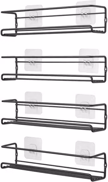 PAWNORA Black Metal Wall Mounted 4-Slot Spice and Herb Jar Rack Holder – 1