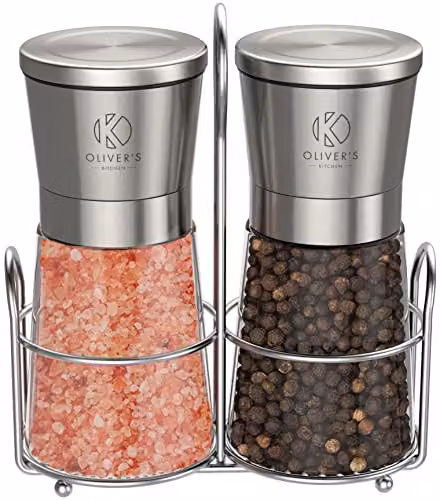 Oliver's Kitchen Salt and Pepper Grinder Set with Ceramic Mechanisms and Rotating Stand in Silver – 7