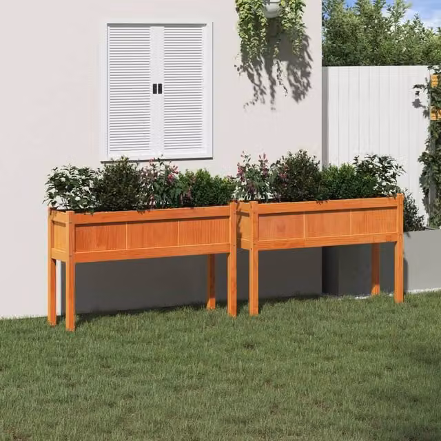 Berkfield Home Set of 2 Waxed Brown Solid Pine Wooden Raised Garden Planters with Legs W/D/H: 110 x 70 x 31 cm