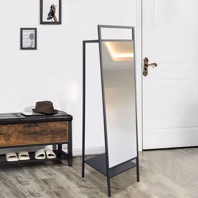 Livingandhome Modern Metal Floor Mirror with Integrated Clothes Rail in Black