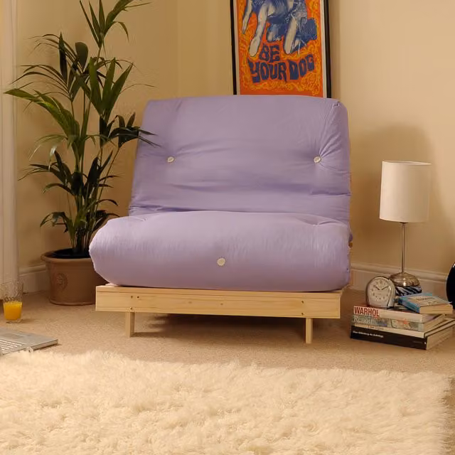 Cloud Nine Single 3ft Luxury Futon Sofa Bed with Solid Pine Wood Frame, Purple, W/D/H: 90 x 190 cm