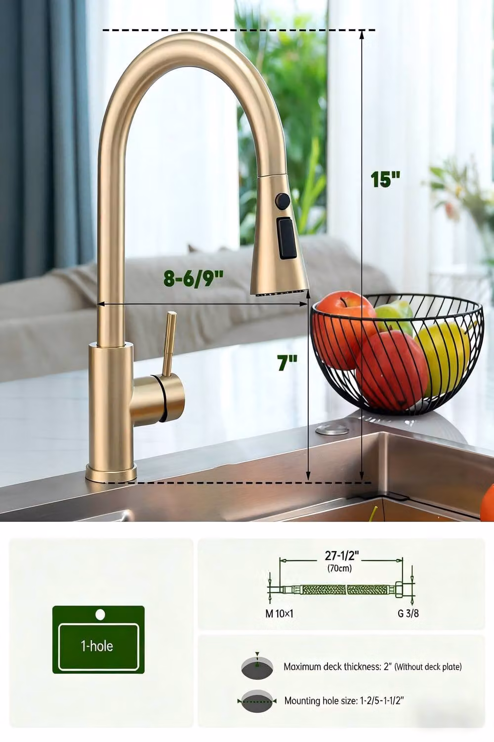 JANLEMNY Brushed Gold Stainless Steel Kitchen Mixer Tap with Pull-Down Sprayer and Single Lever Control – 5