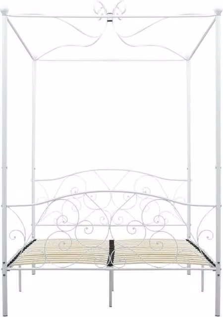 Berkfield Home Elegant Canopy Bed Frame in White Metal and MDF, W/D/H: 140 x 200 x 227 cm