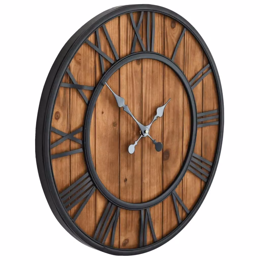 Berkfield Home Vintage Round Wall Clock with Quartz Movement in Brown Wood and Metal, Diameter: 60 cm – 3