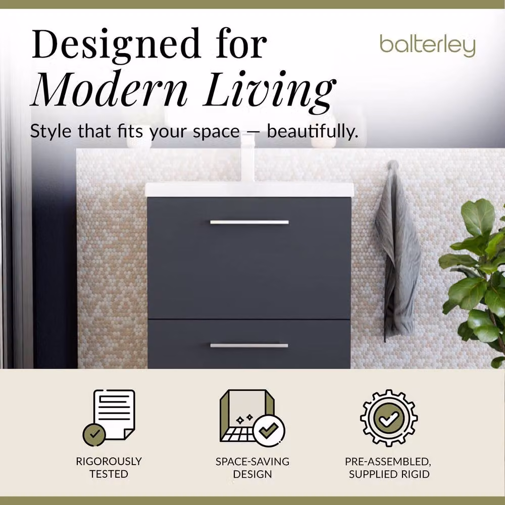 Balterley Modern 2 Drawer Floor Standing Bathroom Vanity Unit with Rectangular Mid-Edge Basin, Dark Grey, W: 61 cm, D: 39 cm, H: 84 cm – 2