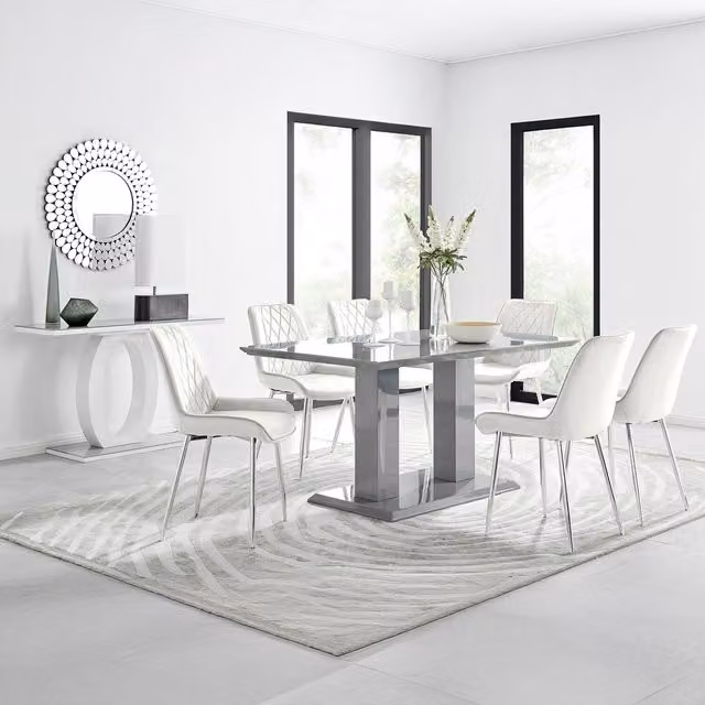 FurnitureboxUK Imperia Grey Glass Dining Table and 6 Pesaro Silver Leg Chairs in Cream