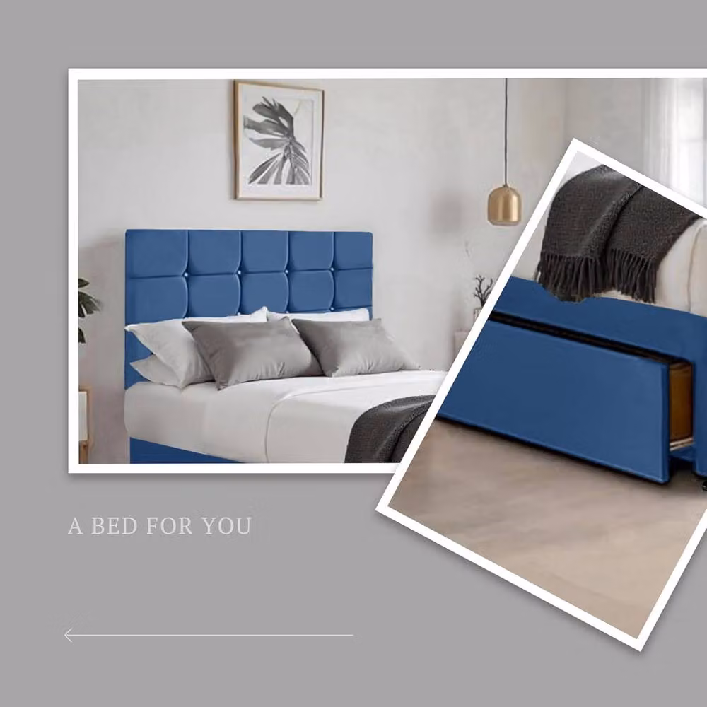 Bed Time UK Plush Divan Bed with 2 Drawers, 20" Cubic Headboard and Hybrid Mattress in Blue, Small Double, W/D/H: 120 x 200 cm – 2