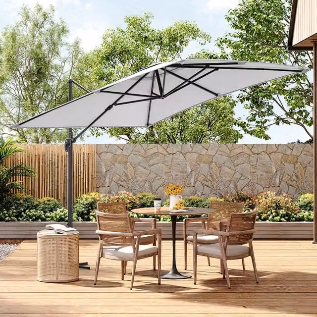 Livingandhome 3m Cantilever Outdoor Parasol Umbrella with Cross Base in Grey