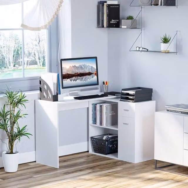 HOMCOM Rotating Corner Computer Desk and Dining Table with Storage Shelf in White – 1