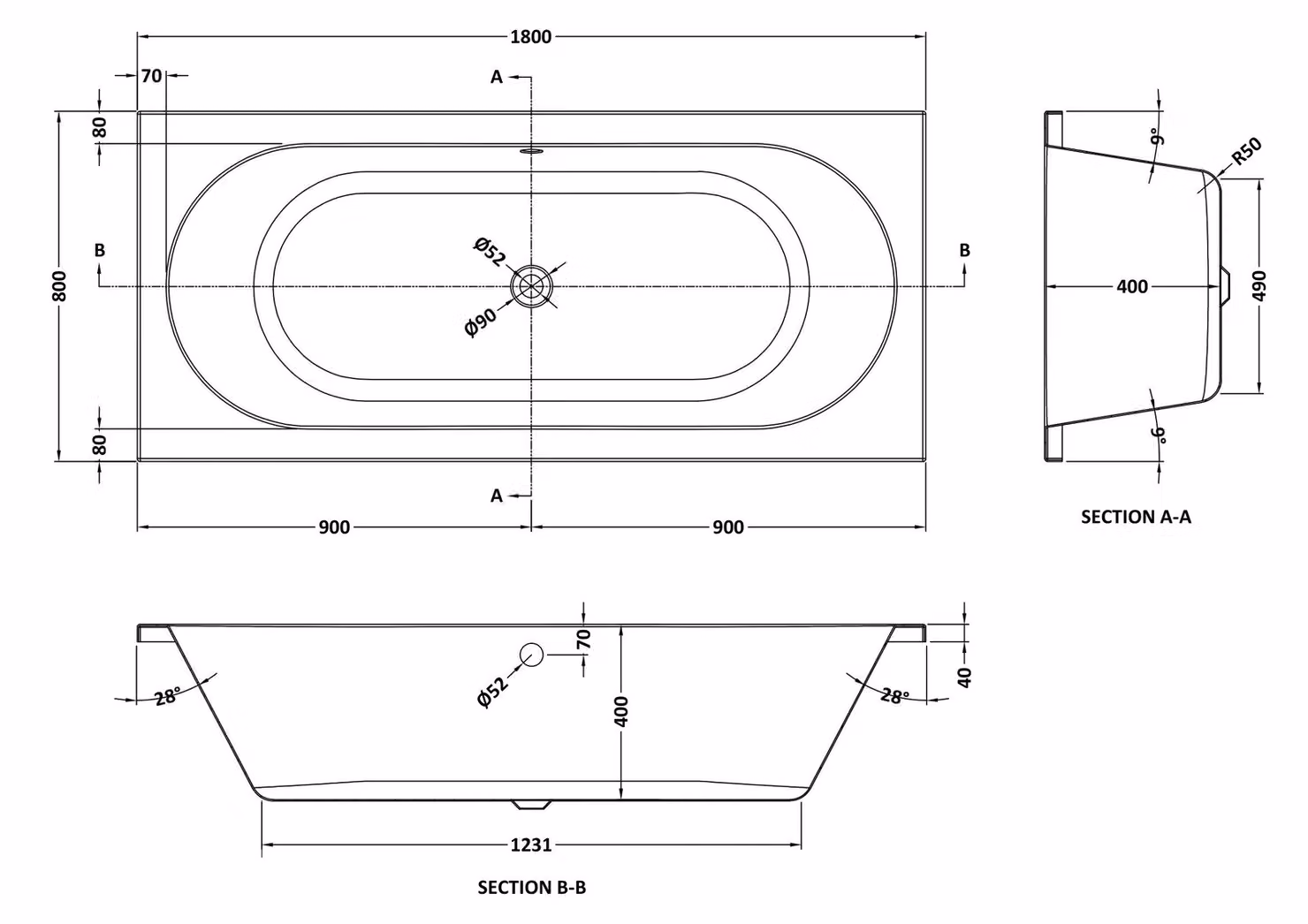 Balterley Rectangular Double Ended Straight Shower Bath with Leg Set, White, W: 1800 mm, D: 800 mm, H: 400 mm – 2