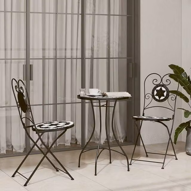 Berkfield Home Mosaic Bistro Set in Black and White with Ceramic and Powder Coated Steel – 1