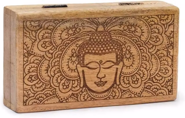 KDMD Med Square Buddha Face Wooden Box, Black with Brown Engraving, W/D/H: 17 x 10 x 4.2 cm – 1