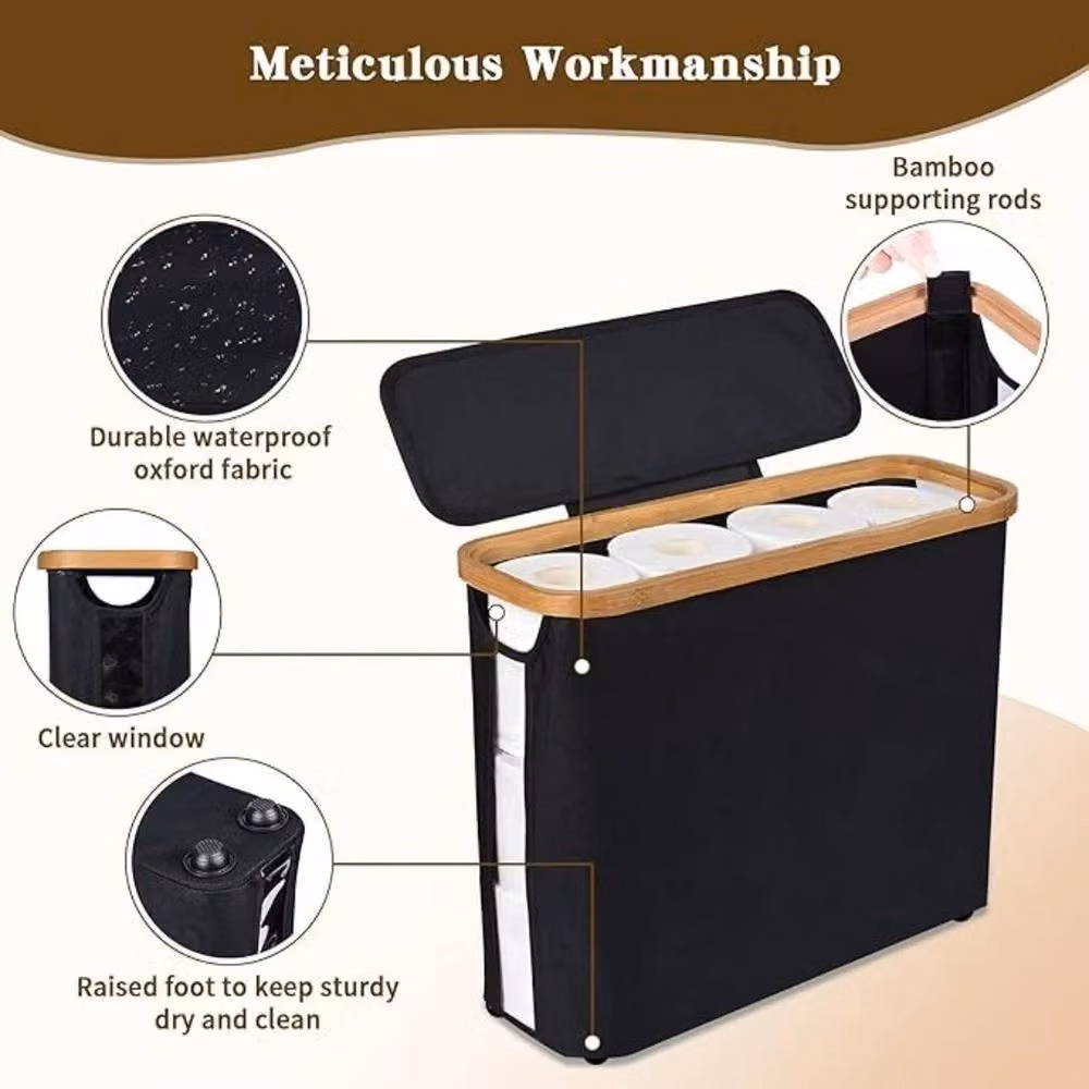 Kelvenix Waterproof Bamboo Toilet Paper Storage Stand with Lid, Black, W: 50 cm – 3
