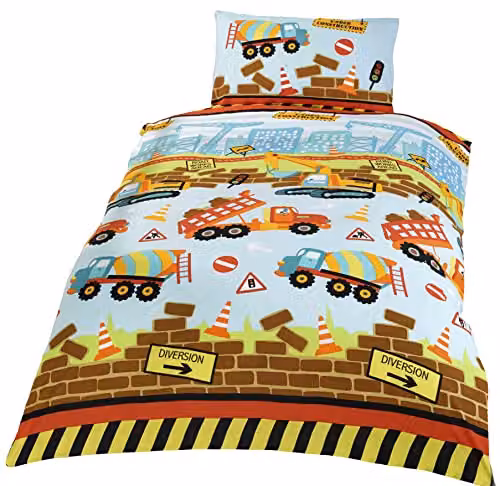 Rapport Home Toddler Duvet Cover and Pillowcase Set, Funky Builders Under Construction Design, Multicolour, W/D/H: 150 x 120 cm, Pillowcase: 40 x 60 cm
