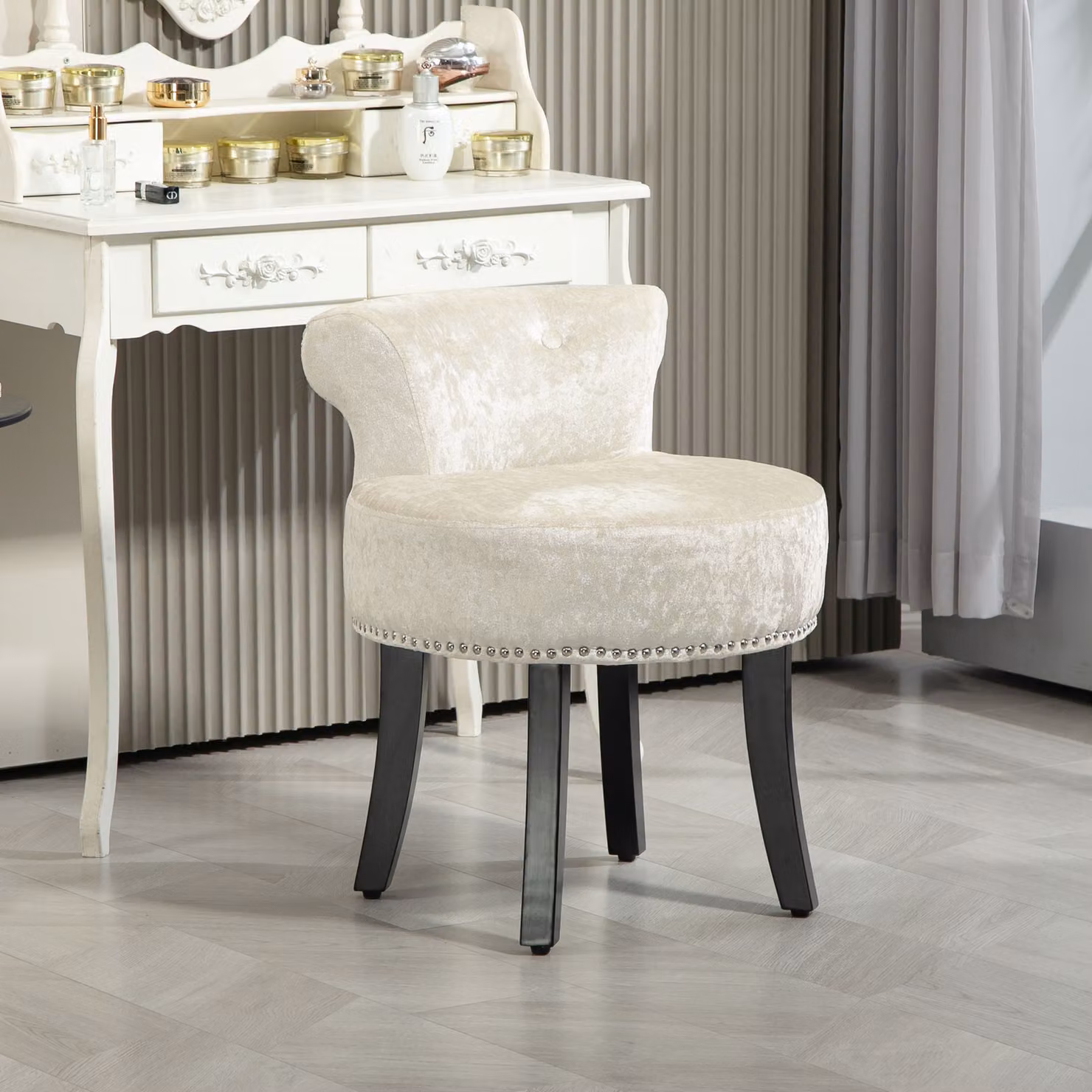 HOMCOM Ice Velvet Dressing Table Stool with Rubberwood Legs in Beige – 2