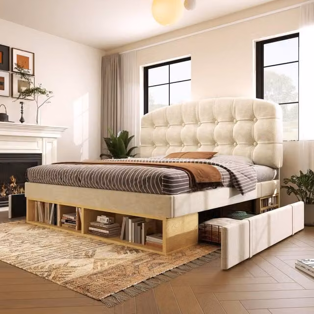 ModernLuxe Childrens Single Bed with Adjustable Headboard and Drawers in Beige – 1
