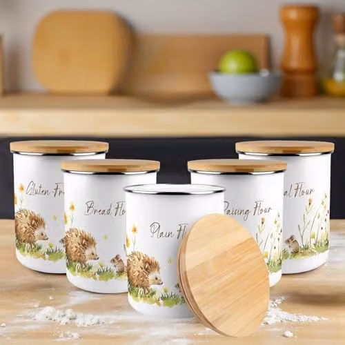 Purely Home Hedgehog and Mouse Wholemeal Flour Storage Canister, 2.7 l, Brown and White Enamel with Bamboo Lid – 2