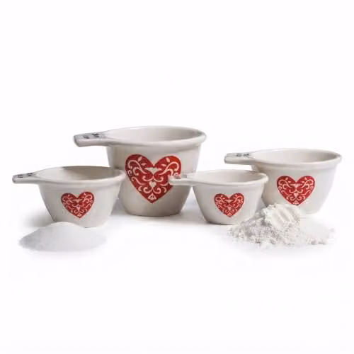 Orsina Ceramic Heart Measuring Cup Set with Printed Scale, Nesting Design in Red, Beige and White – 1