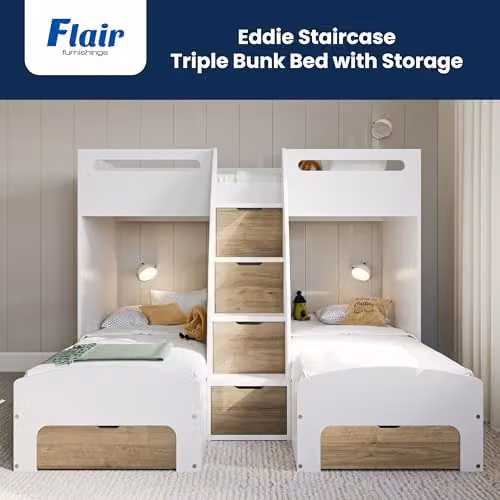 Flair Eddie Staircase Triple Bunk Bed with Storage and Drawers in White and Brown Oak – 2
