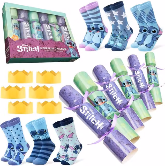 Disney Stitch Luxury Christmas Crackers, Pack of 6 Multicolour Party Crackers with Adult Socks for You – 5