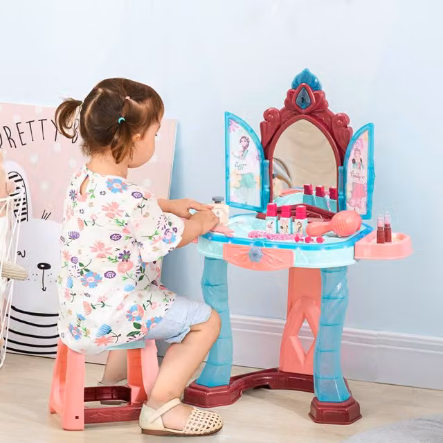 AIYAPLAY 31 Piece Kids Beauty and Hairdresser Dressing Table Set with Magical Princess Mirror in Multicolour, Red and Pink
