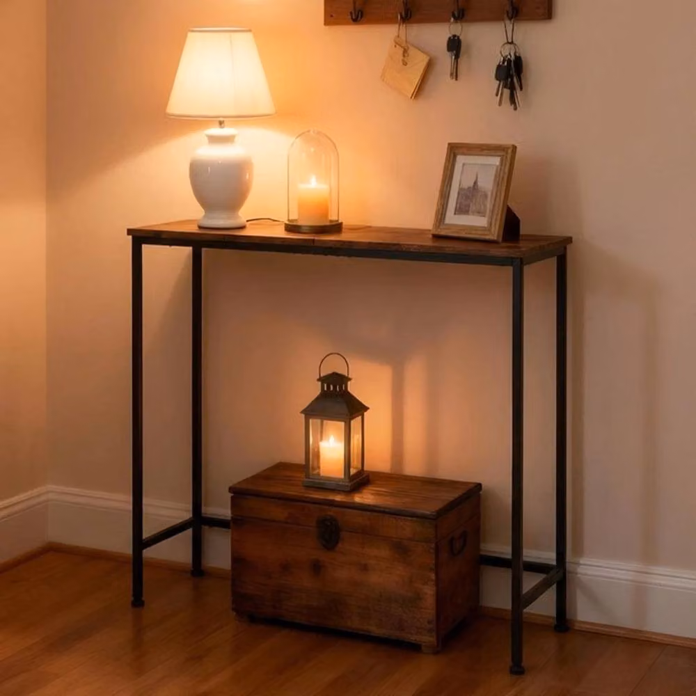VOGREX Industrial Slim Narrow Console Table in Brown and Black – 3
