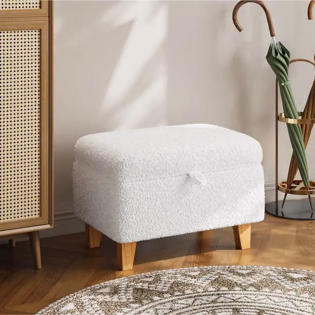 Livingandhome Teddy Fleece Upholstered Storage Ottoman in White