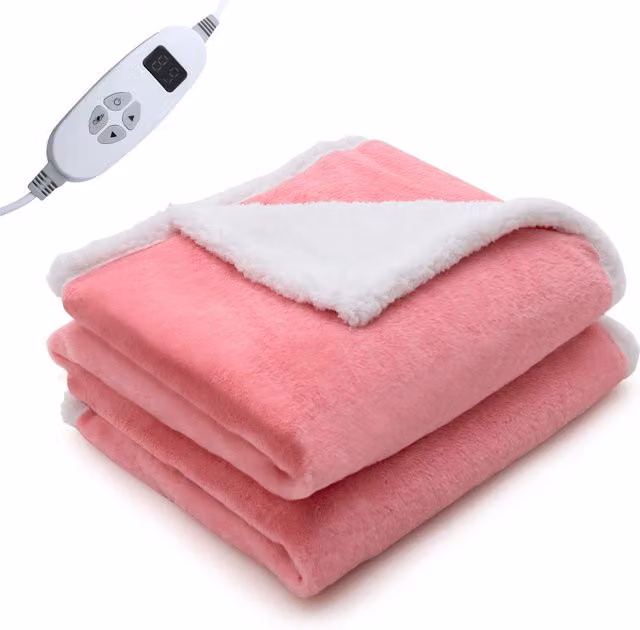 COSTWAY Reversible Electric Heated Blanket in Pink with Velvet and Sherpa Fabric