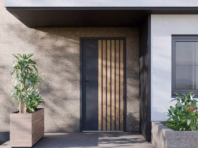 Vente-unique Modern Full Steel Front Door in Black with Grey Oak Effect Stripes, H: 207 cm, W: 100 cm – 1