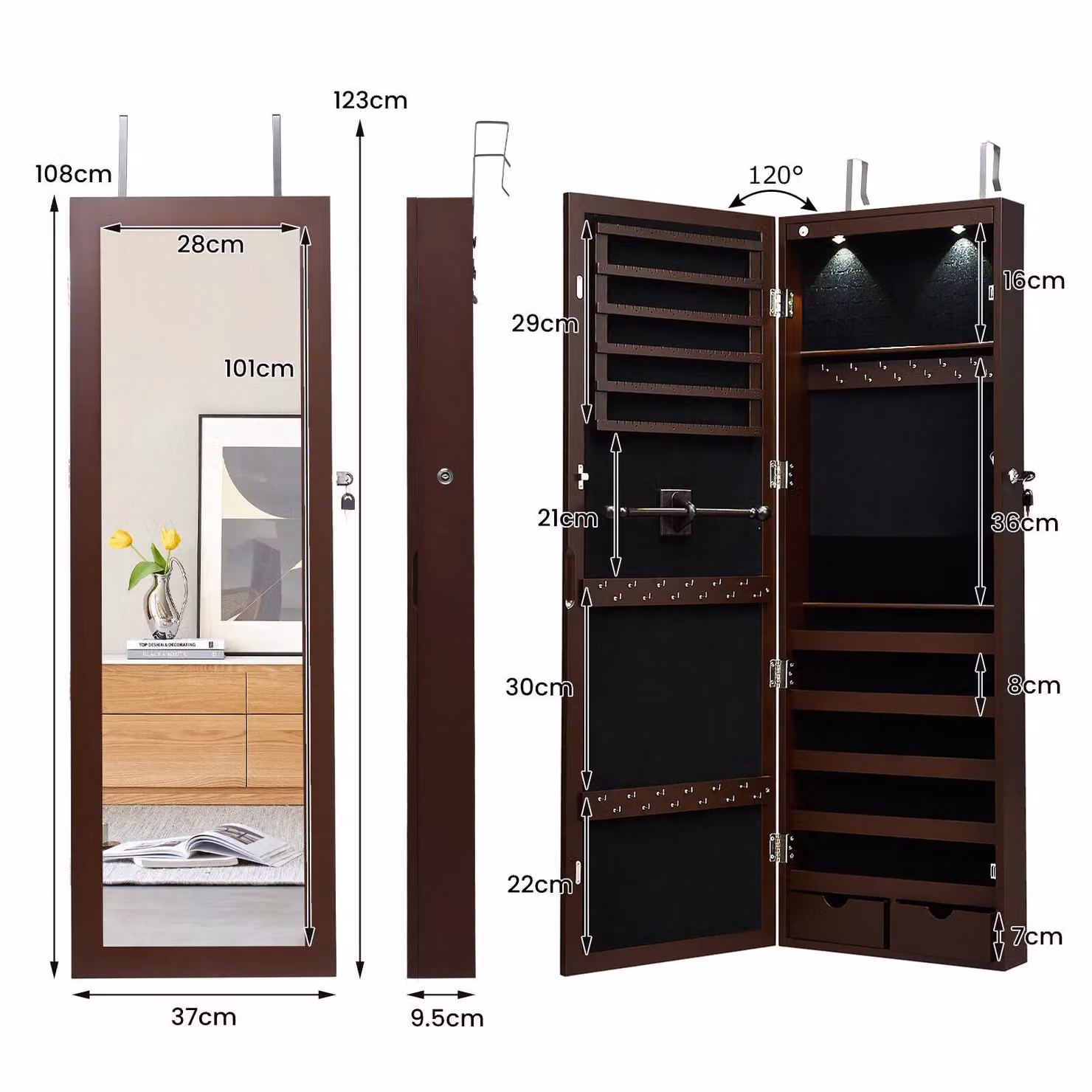 Costway Brown Wall or Door Mounted Jewelry Armoire Organizer with Full-length Mirror, LED Lighting and Lock – 2