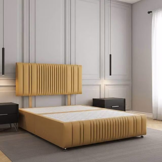 Regional Furnishings Plush Velvet Double Divan Bed with 24 inch Headboard and Footboard in Yellow, W/D/H: 140 x 200 cm