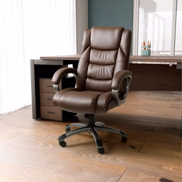 Shankar Classic Executive Office Chair in Brown and Grey Synthetic Leather with Armrests and Castors