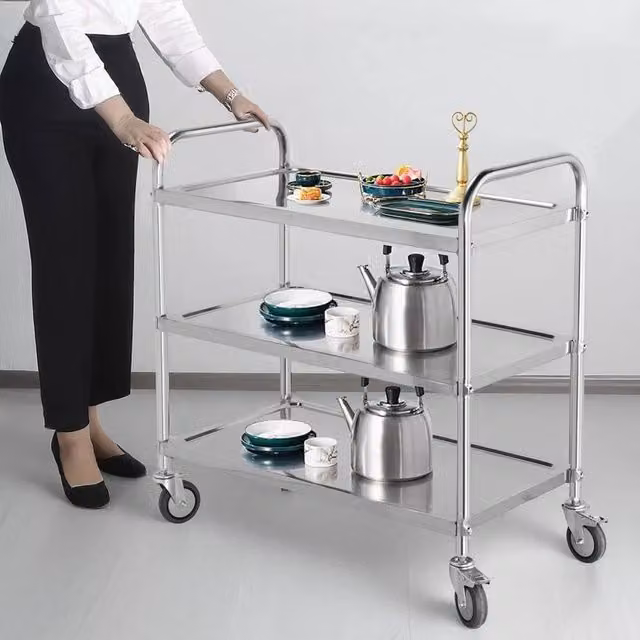KORVIXA 3 Tier Stainless Steel Kitchen Catering Storage Trolley in Silver, Height: 100 cm, Width: 90 cm