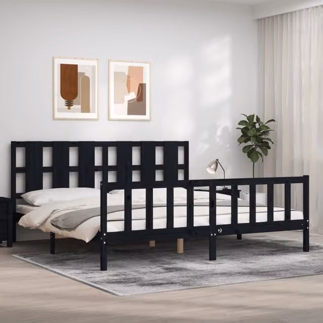 Berkfield Home Solid Wood Pine Bed Frame with Headboard in Black, 200 x 200 cm – 1