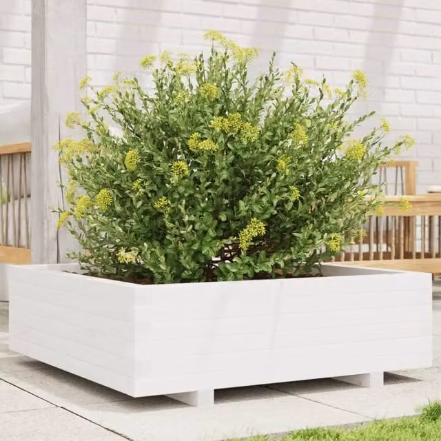 Berkfield Home White Solid Wood Pine Garden Planter Tub W: 80 cm, D: 80 cm, H: 26.5 cm – 1