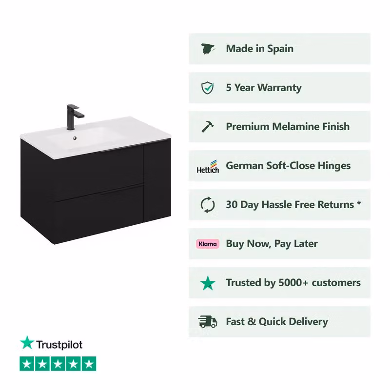 Banyetti Celtic Duo Matt Black Wall Hung Vanity Unit with Door and Basin W: 80 cm, D: 45 cm, H: 48 cm – 2