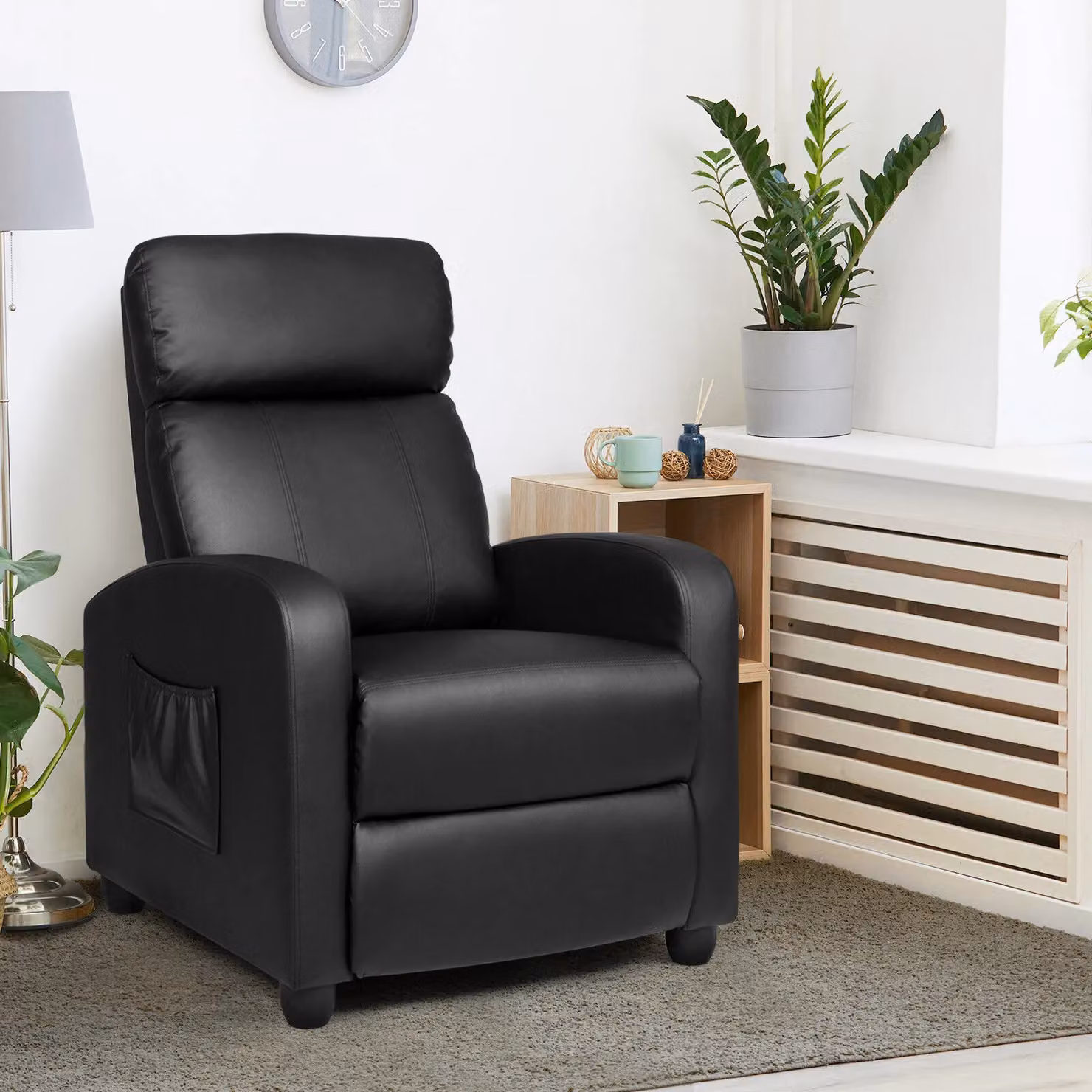 Gymax Black Synthetic Leather Upholstered Recliner Armchair with Adjustable Backrest and Metal Frame – 8