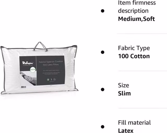 Relyon Superior Comfort Natural Latex Slim Pillow with Removable Cotton Cover, White