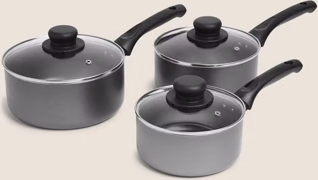M&S 3 Piece Grey Aluminium Non-Stick Saucepan Set