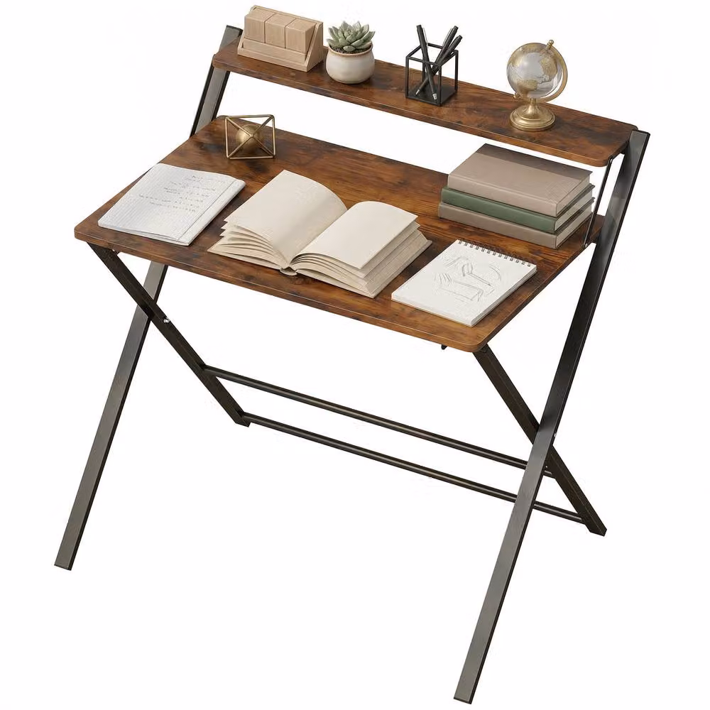 STILVORA Folding Desk with Shelf and Steel Frame, Rustic Brown – 2