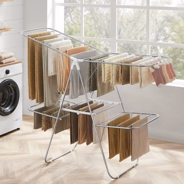 SONGMICS 2-Level Foldable Clothes Drying Rack with Adjustable Wings in White and Silver