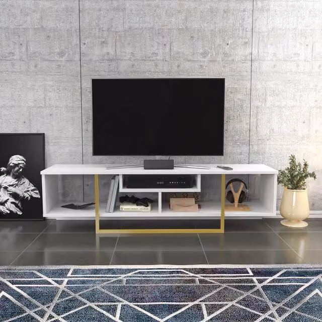 Asal Minimalist Glossy TV Unit in White and Gold, Width: 120 cm