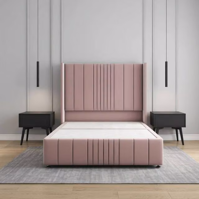 Regional Furnishings Pink Velvet Upholstered Super King Divan Bed with 54 inch Headboard and 12 inch Footboard, W/D/H: 200 x 200 cm