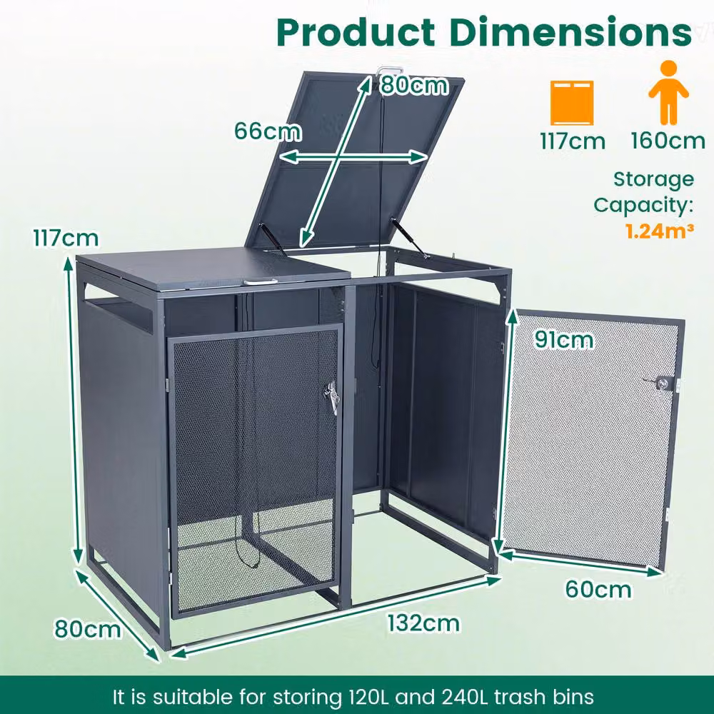 Costway Metal Trash Can Storage Shed for 2 Bins in Grey – 2