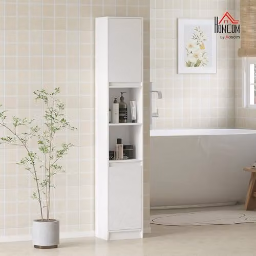 HOMCOM Narrow White Bathroom Storage Cabinet with Open Shelf and Hinged Doors, W/D/H: 30 x 24 x 170 cm – 2