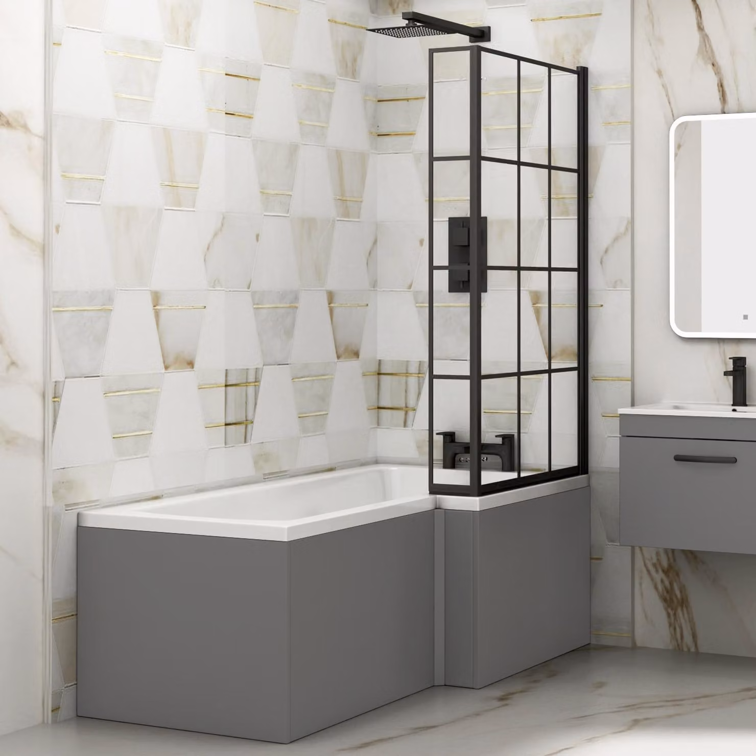 Qubix Right Hand L Shaped Asymmetric Bathtub with Black Framed Screen and Grey Gloss MDF Panel, White