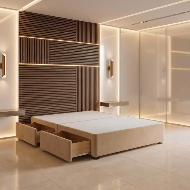 Somnior Beds Ltd Double Divan Bed Base with Drawers in Beige Plush Velvet, W/D/H: 140 x 200 cm