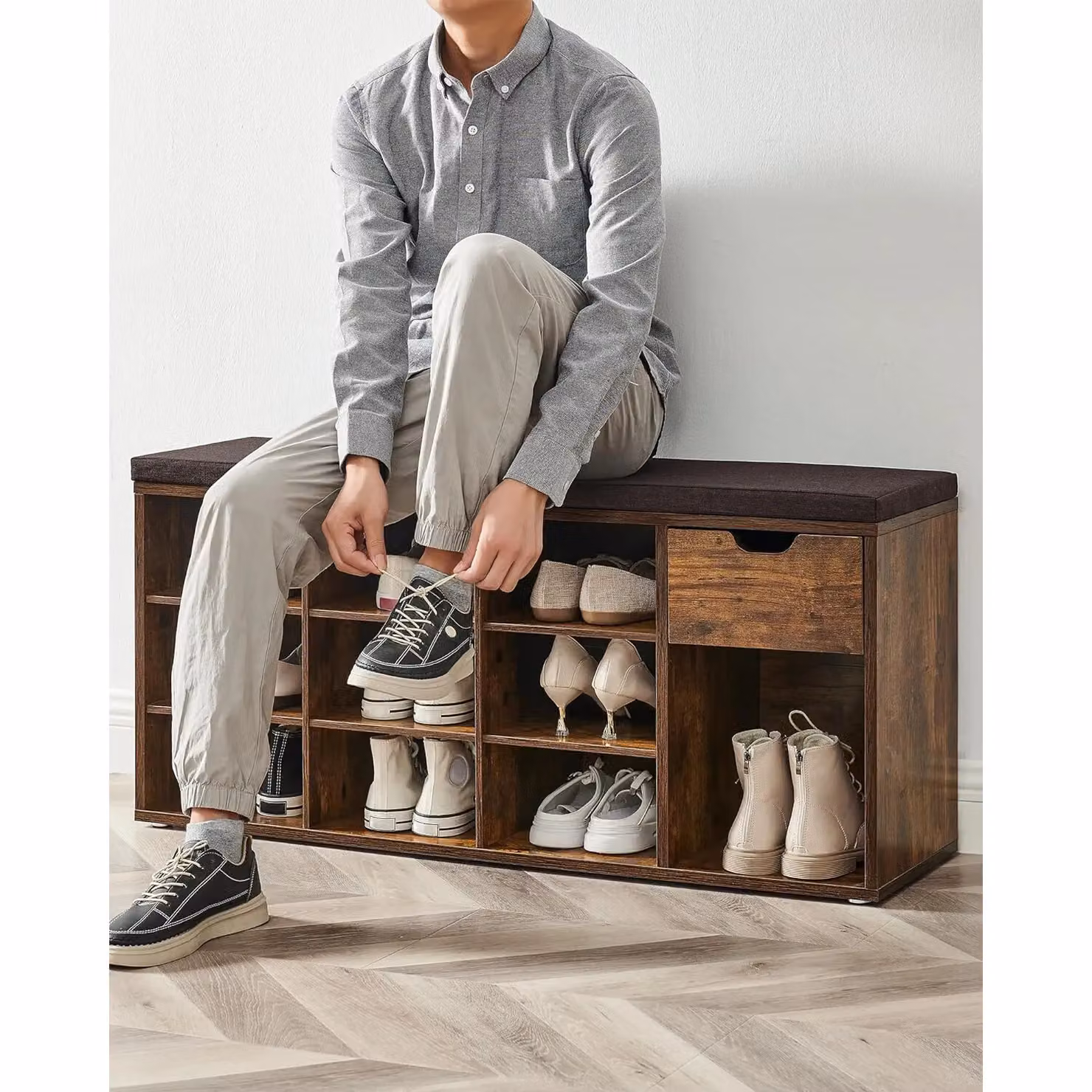 VASAGLE Brown Shoe Storage Bench with Cushion, Drawer and Open Compartments – 4