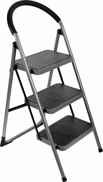 Futura 3 Step Ladder Premium Grey, Heavy-Duty Steel Folding Step Stool with Rubber Feet – 1