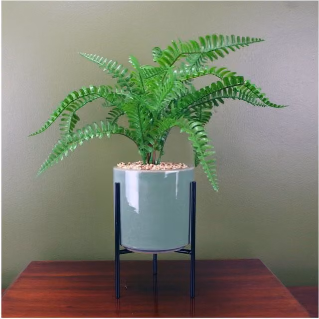 Leaf Design UK Modern Artificial Fern in a Round Green Ceramic Planter
